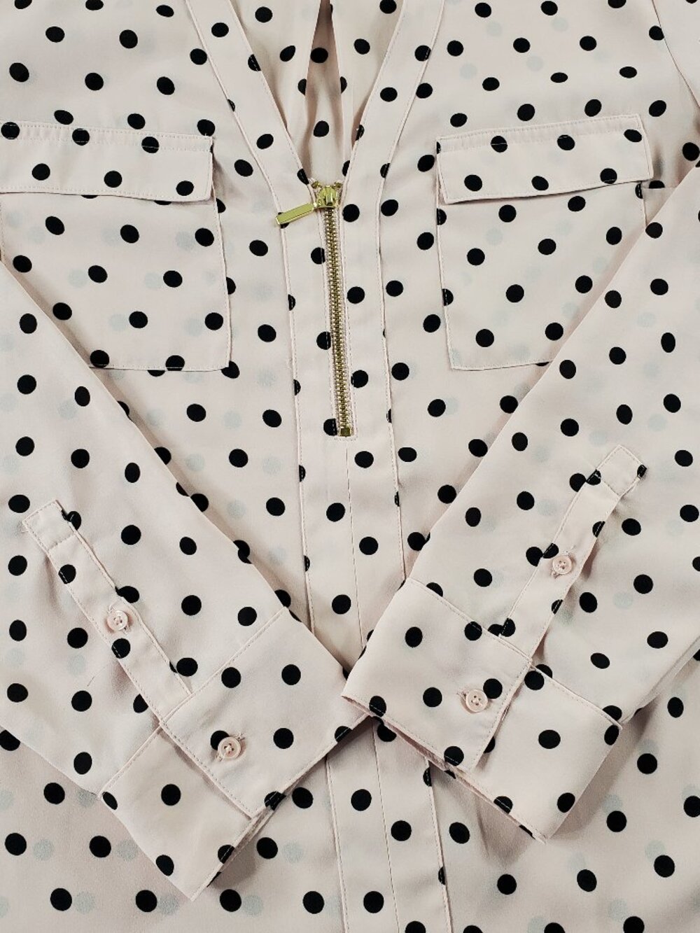 Express Sheer Blouse Large Pink/Black Polka Dot Zip V-Neck Roll Tab Sleeve - Picture 3 of 12